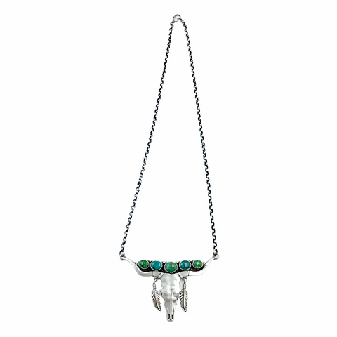 Image of Sold Navajo Longhorn Steer Skull Royston Turquoise Feather Dangle  N.ecklace - Emer Thompson - Native American