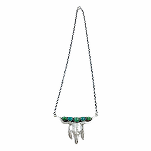 Sold Navajo Longhorn Steer Skull Royston Turquoise Feather Dangle  N.ecklace - Emer Thompson - Native American