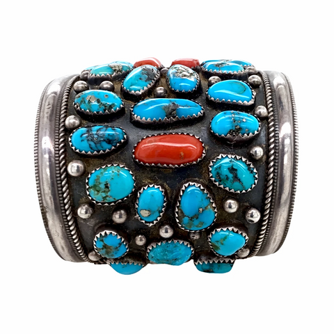 Image of Sold Large Kingman Turquoise & Coral Cluster  B.racelet - Native American
