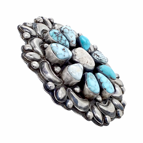 Image of Sold Navajo Large Dry Creek Turquoise Cluster Sterling Silver Stamped Overlay Ring - Bobby Johnson - Native American