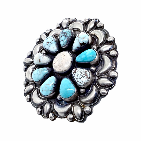 Image of Sold Navajo Large Dry Creek Turquoise Cluster Sterling Silver Stamped Overlay Ring - Bobby Johnson - Native American