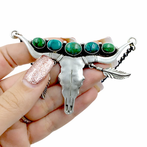 Image of Sold Navajo Longhorn Steer Skull Royston Turquoise Feather Dangle  N.ecklace - Emer Thompson - Native American