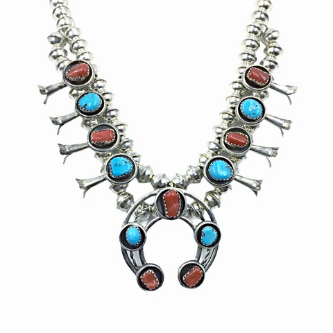 Image of Navajo Turquoise & Coral Children's Squash Blossom Necklace  by Phil & Lenore Garcia -Small Size