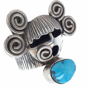 SOLD Navajo Large Kachina Face Turquoise Sterling Silver Ring - Alex Sanchez - Native American