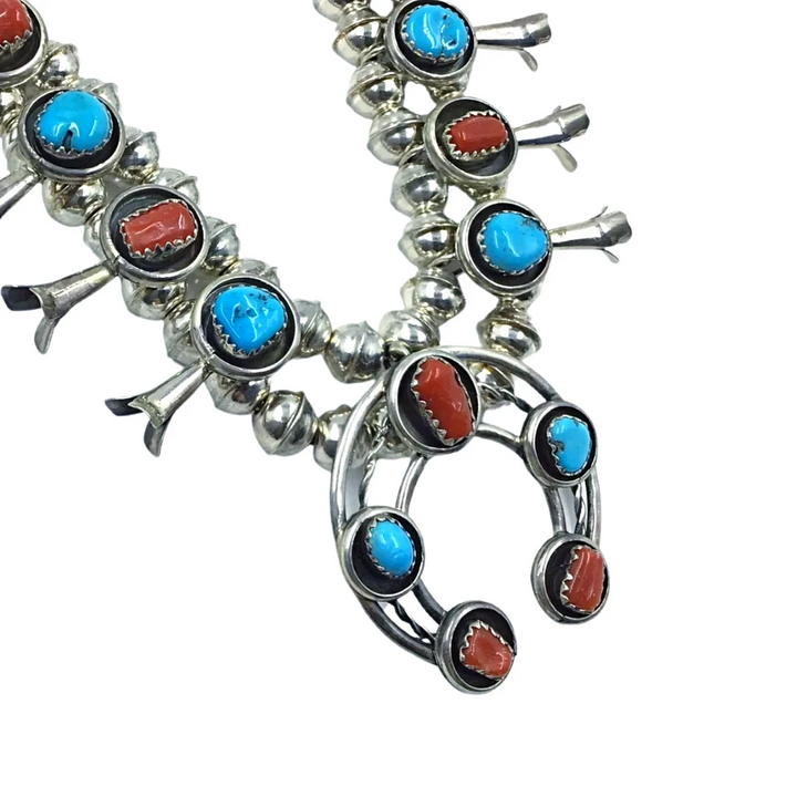 Navajo Turquoise & Coral Children's Squash Blossom Necklace  by Phil & Lenore Garcia -Small Size