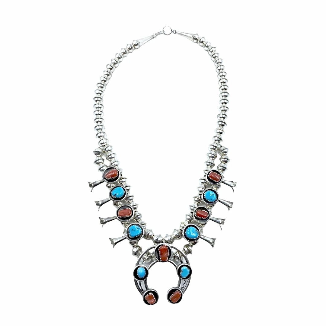 Navajo Turquoise & Coral Children's Squash Blossom Necklace  by Phil & Lenore Garcia -Small Size