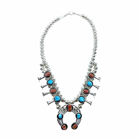 Image of Navajo Turquoise & Coral Children's Squash Blossom Necklace  by Phil & Lenore Garcia -Small Size