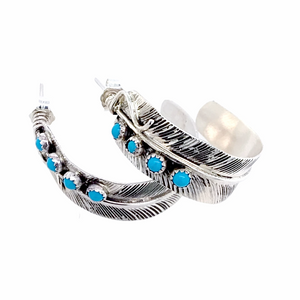 sold Medium Navajo Turquoise Row Feather Hoop Earrings - Native American