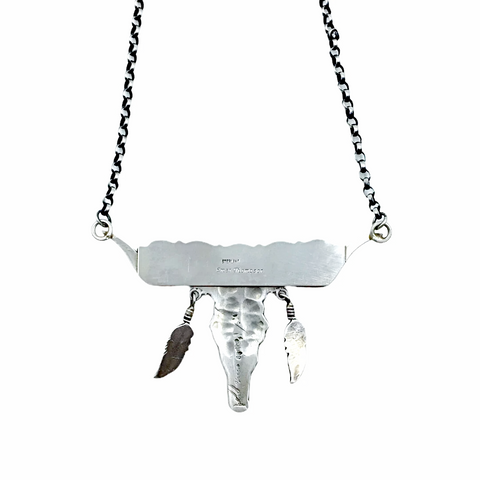 Image of Sold Navajo Longhorn Steer Skull Royston Turquoise Feather Dangle  N.ecklace - Emer Thompson - Native American