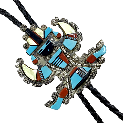 Image of Zuni Dancer Sleeping Beauty Turquoise, Coral, Mother of Pearl, Onyx Inlay Bolo Tie - Native American