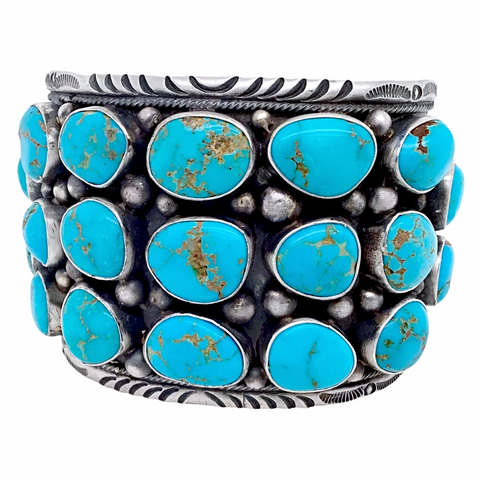 Image of sold Large Wide Navajo Sleeping Beauty Turquoise Cluster Br.acelet- Paul Livingston - Native American