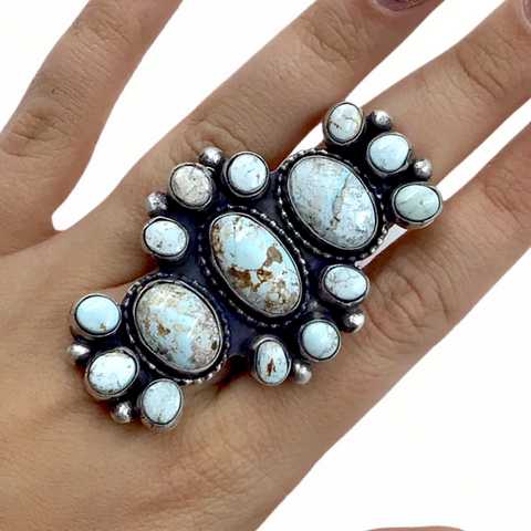 Image of Sold Large Navajo Dry Creek Turquoise Long Cluster Ring -Bobby Johnson - Native American