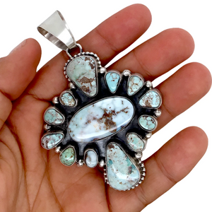 sold Navajo Dry Creek Turquoise Wide Cluster Sterling Silver P.endant - Livingston - Native American