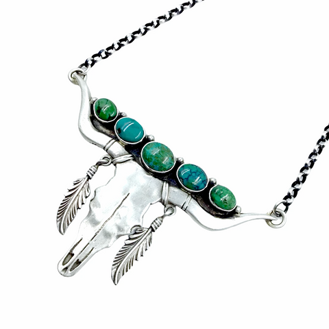 Image of Sold Navajo Longhorn Steer Skull Royston Turquoise Feather Dangle  N.ecklace - Emer Thompson - Native American