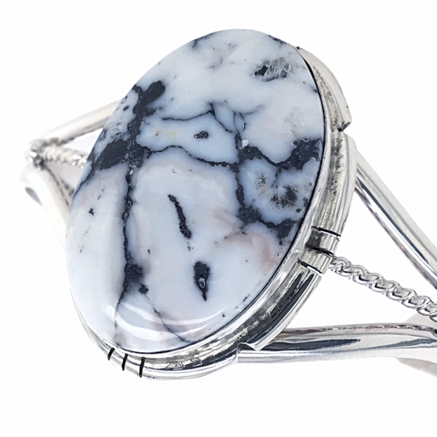 Image of sold Navajo White Buffalo Oval Stone with Twisted Sterling Silver Detail  - Samson Edsitty - Native American