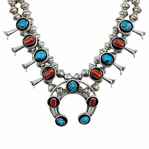 Authentic Navajo Coral & Turquoise Children's Squash Blossom Necklace by Phil & Lenore Garcia -Small Size
