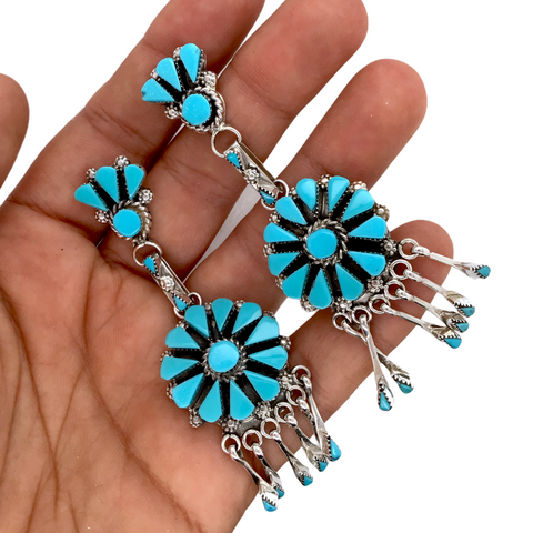 Image of Sold Zuni Petit Point Sleeping Beauty Turquoise Sterling Silver Dangle Chandelier Earrings - Native American