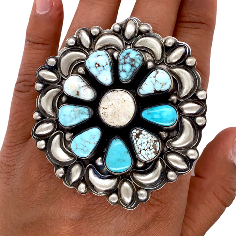 Image of Sold Navajo Large Dry Creek Turquoise Cluster Sterling Silver Stamped Overlay Ring - Bobby Johnson - Native American