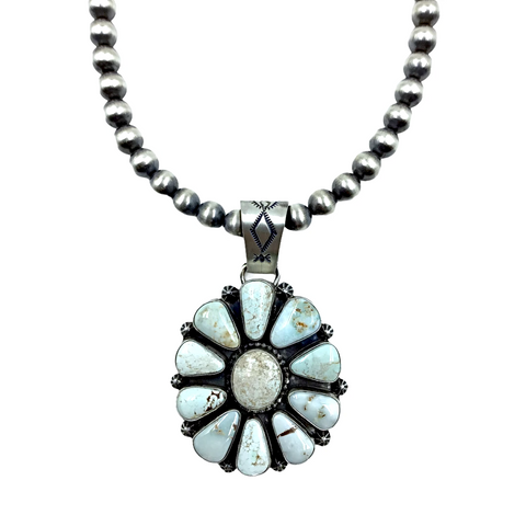 Image of sold Large Navajo Dry Creek Turquoise Cluster Stamped Silver Drop Border Sterling Silver Navajo N,ecklace - Bea Tom - Native American