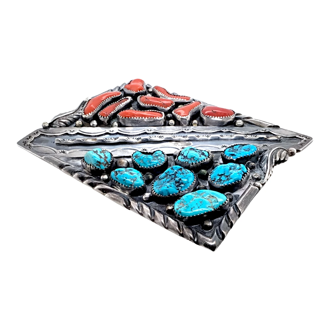 Navajo Kingman Turquoise & Coral Cluster Stamped Sterling Silver Belt Buckle - Ration - Native American