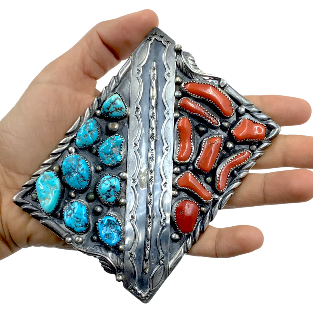 Navajo Kingman Turquoise & Coral Cluster Stamped Sterling Silver Belt Buckle - Ration - Native American