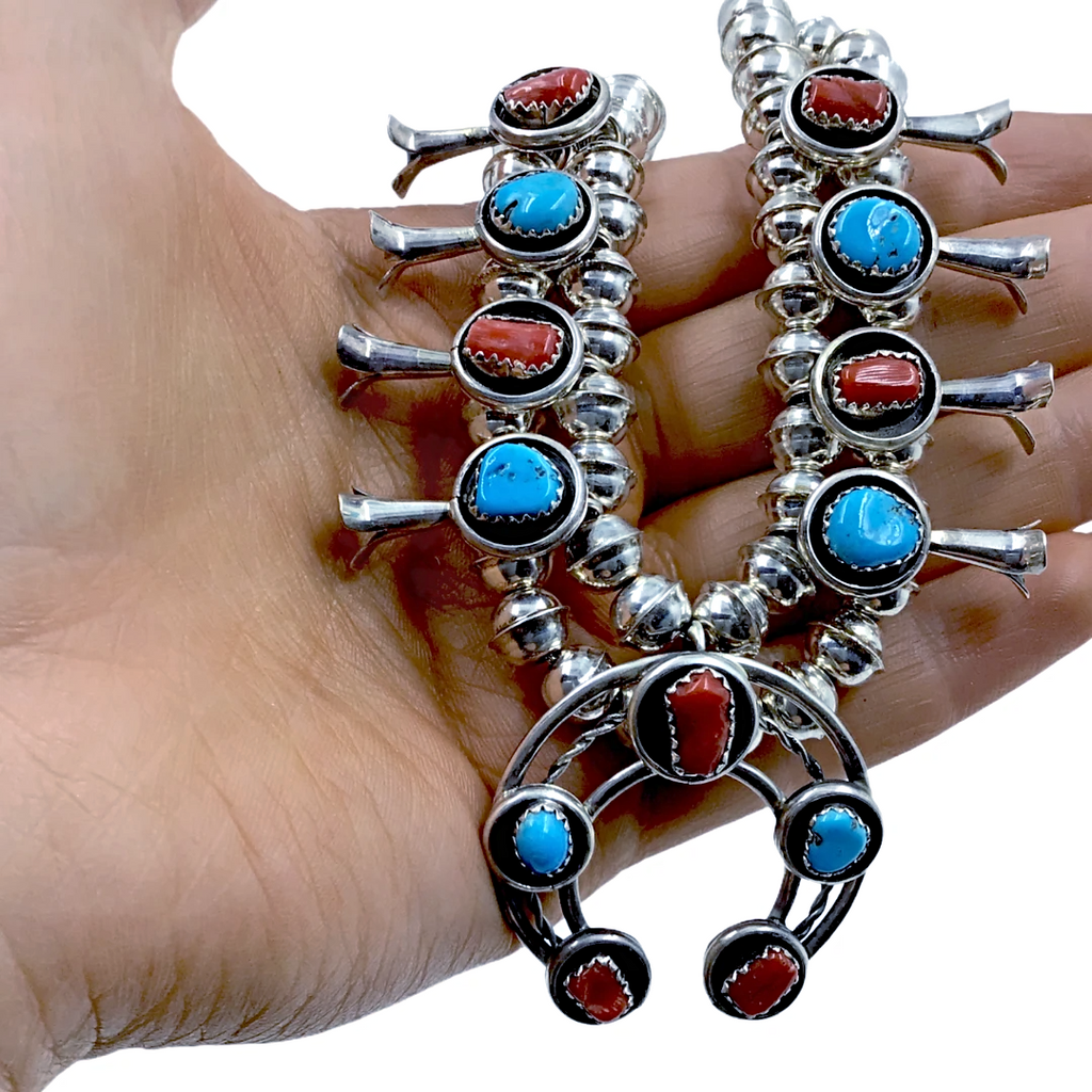 Handmade Sterling Silver, Turquoise & Coral Squash Blossom Set – A Western  Wedding Co