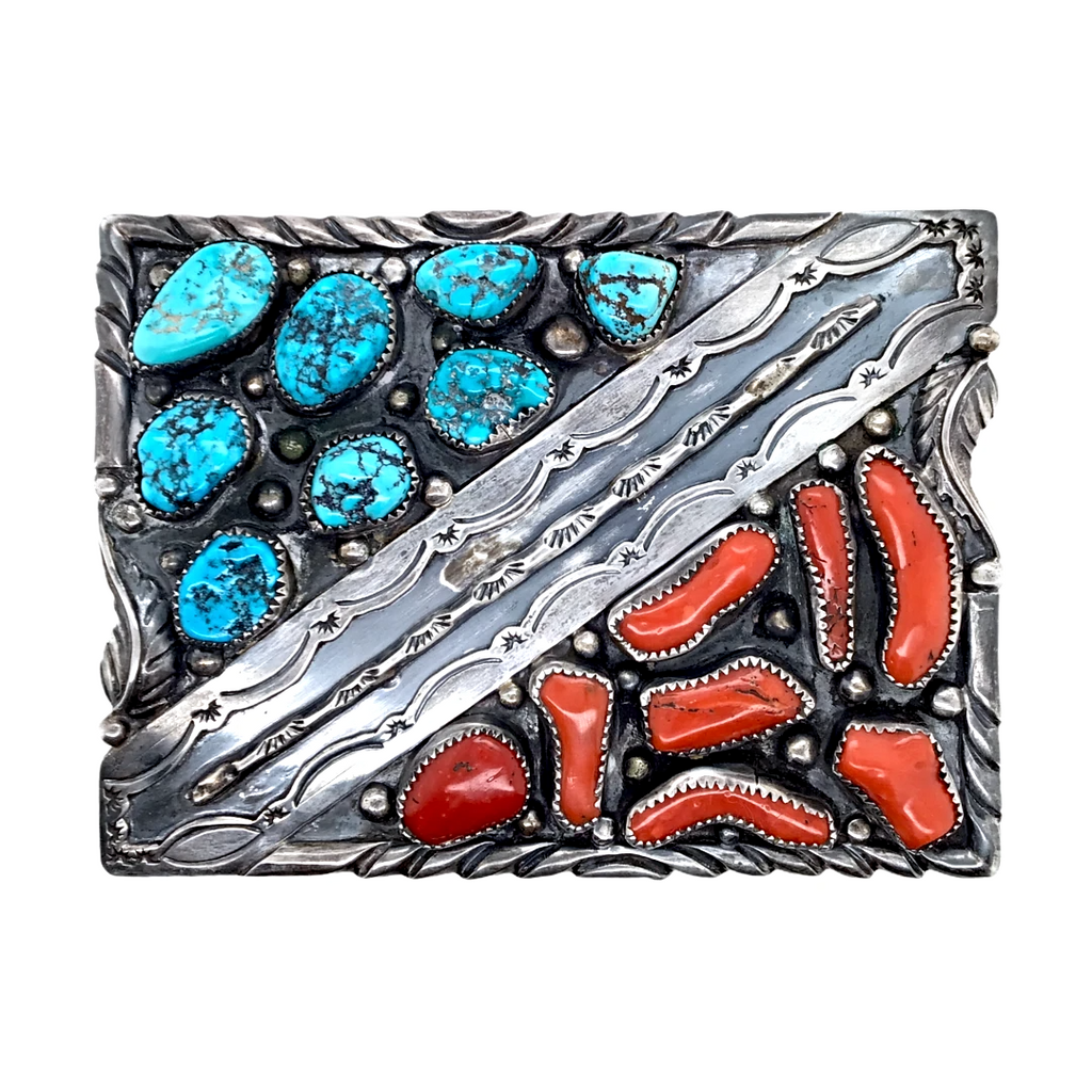 Navajo Kingman Turquoise & Coral Cluster Stamped Sterling Silver