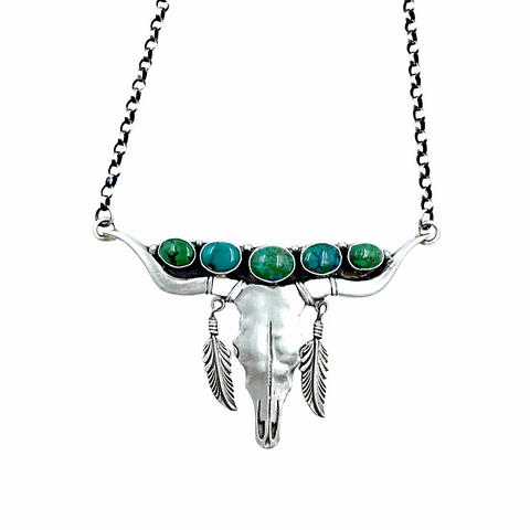 Image of Sold Navajo Longhorn Steer Skull Royston Turquoise Feather Dangle  N.ecklace - Emer Thompson - Native American