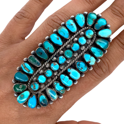 Image of sold Large Kingman Turquoise Long Cluster Sterling Silver Ring - Native American