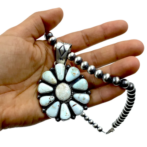 Image of sold Large Navajo Dry Creek Turquoise Cluster Stamped Silver Drop Border Sterling Silver Navajo N,ecklace - Bea Tom - Native American