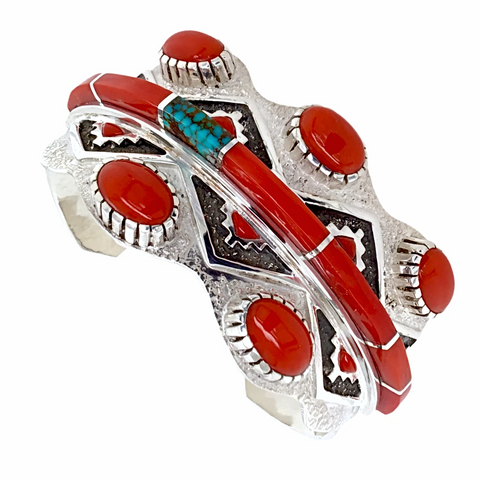 Image of sold Navajo Red Coral & Turquoise Inlay - Michael Perry - Native American
