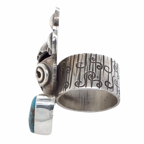 Image of Sold Navajo Kachina Face Turquoise Engraved Detail Sterling Silver Ring - Alex Sanchez - Native American