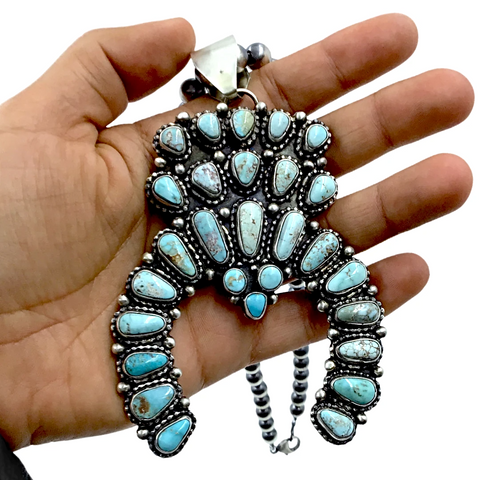 Image of sold Large Navajo Naja Dry Creek Turquoise Cluster Silver Drop Border Sterling Silver Navajo  - Bea Tom - Native American