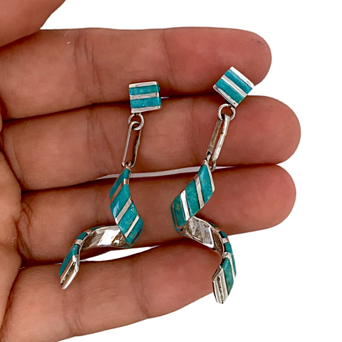 Image of sold Fine Zuni Swirl Inlay Turquoise Dangle Earrings - Sterling Silver - Native American