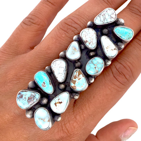 Image of Navajo Large 12-Stone Dry Creek Turquoise Cluster Sterling Silver Ring - Sheila Becenti - Native American