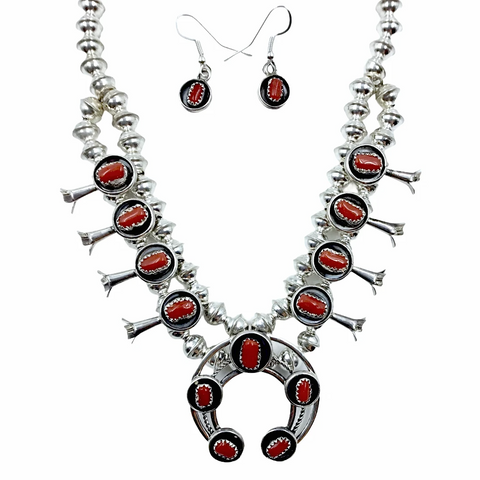 Image of Sold Red Coral Navajo Children's S.quash Blossom N.ecklace Set Small Size