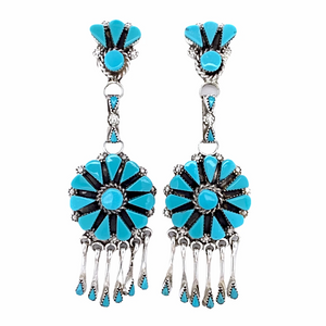 Sold Zuni Petit Point Sleeping Beauty Turquoise Sterling Silver Dangle Chandelier Earrings - Native American