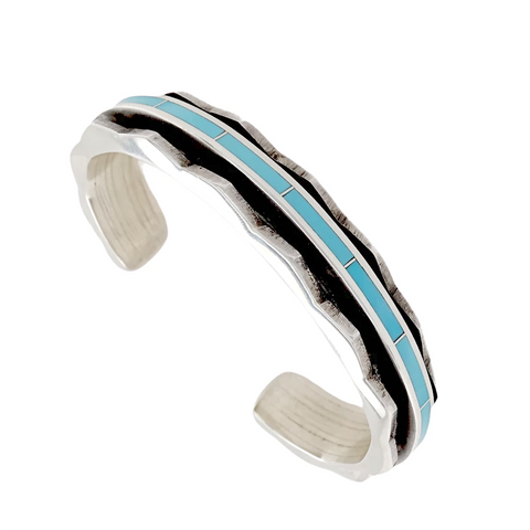 Image of Sold Authentic Zuni Sleeping Beauty Turquoise Inlay B.racelet - Loretto - Native American