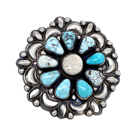 Image of Sold Navajo Large Dry Creek Turquoise Cluster Sterling Silver Stamped Overlay Ring - Bobby Johnson - Native American