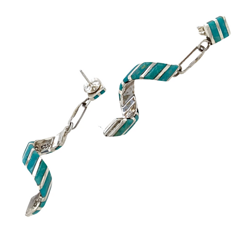 Image of sold Fine Zuni Swirl Inlay Turquoise Dangle Earrings - Sterling Silver - Native American