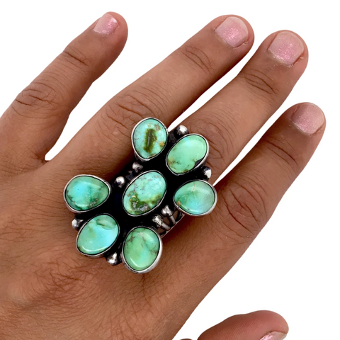 Image of sold Navajo Large Sonoran Gold Turquoise Long Cluster Sterling Silver Ring - Bobby Johnson - Native American