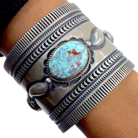 Image of sold Navajo Large Dry Creek Turquoise Triple Stone Sterling Silver Br.acelet - Native American