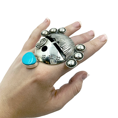 Image of Sold Navajo Large Corn Maiden Kingman Turquoise Sterling Silver Wide Ring - Alex Sanchez - Native American