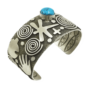 Sold Alex Sanchez Navajo Petroglyph Kingman Turquoise B.racelet - Native American