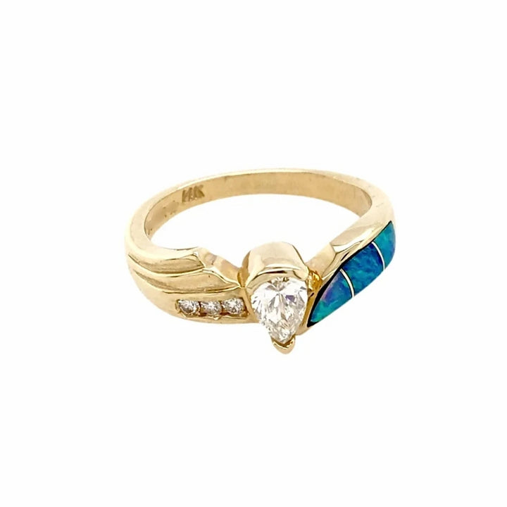 Gold Jewelry - 14K Solid Gold .29 CT Teardrop Diamond & Natural Australian Opal Inlay Designer Ring