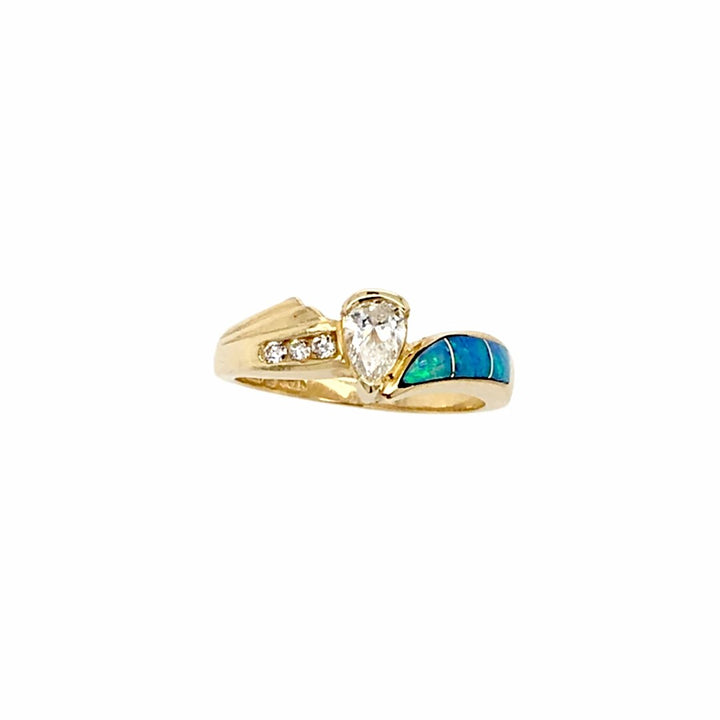 Gold Jewelry - 14K Solid Gold .29 CT Teardrop Diamond & Natural Australian Opal Inlay Designer Ring