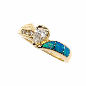 Gold Jewelry - 14K Solid Gold .29 CT Teardrop Diamond & Natural Australian Opal Inlay Designer Ring