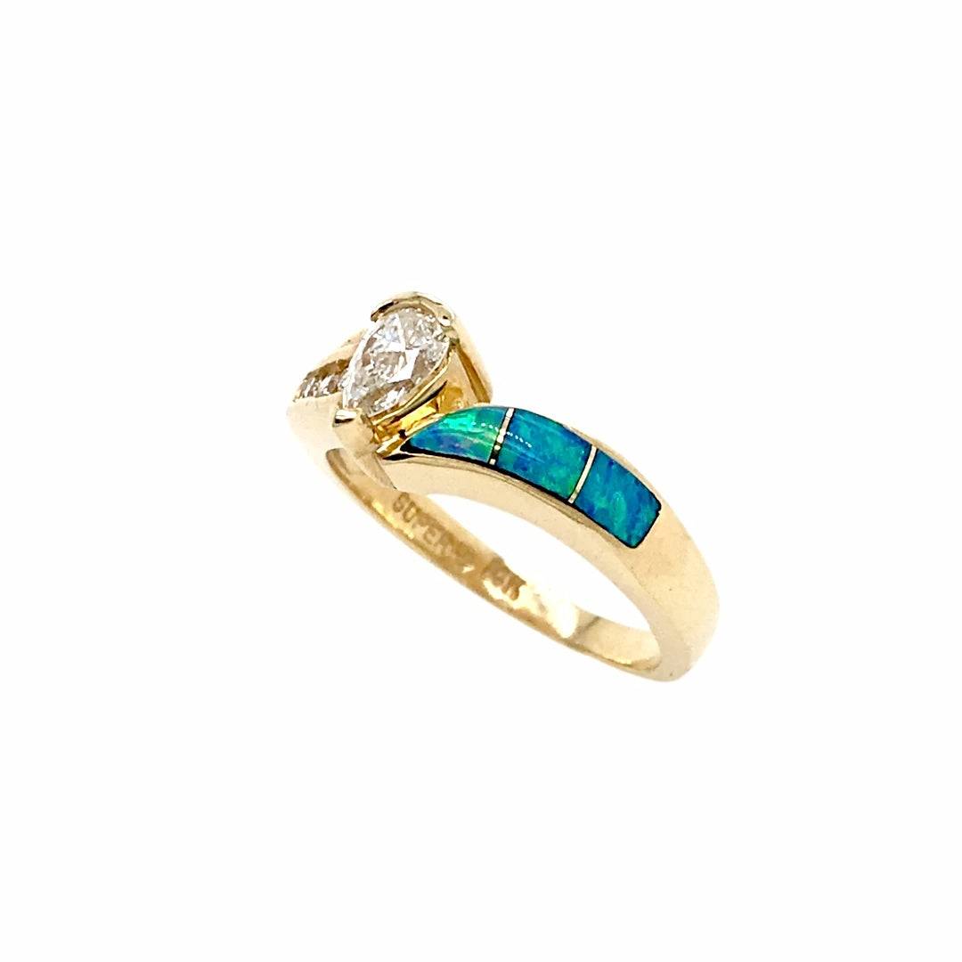 Gold Jewelry - 14K Solid Gold .29 CT Teardrop Diamond & Natural Australian Opal Inlay Designer Ring