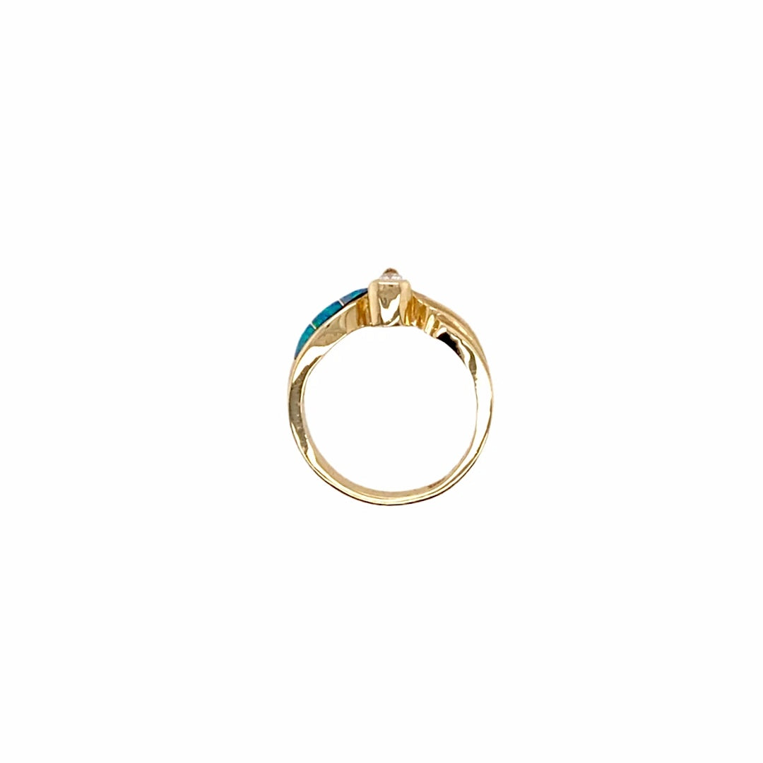 Gold Jewelry - 14K Solid Gold .29 CT Teardrop Diamond & Natural Australian Opal Inlay Designer Ring