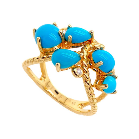 Image of Gold Jewelry - 14K Solid Gold Diamond & Sleeping Beauty Turquoise Cluster Designer Ring